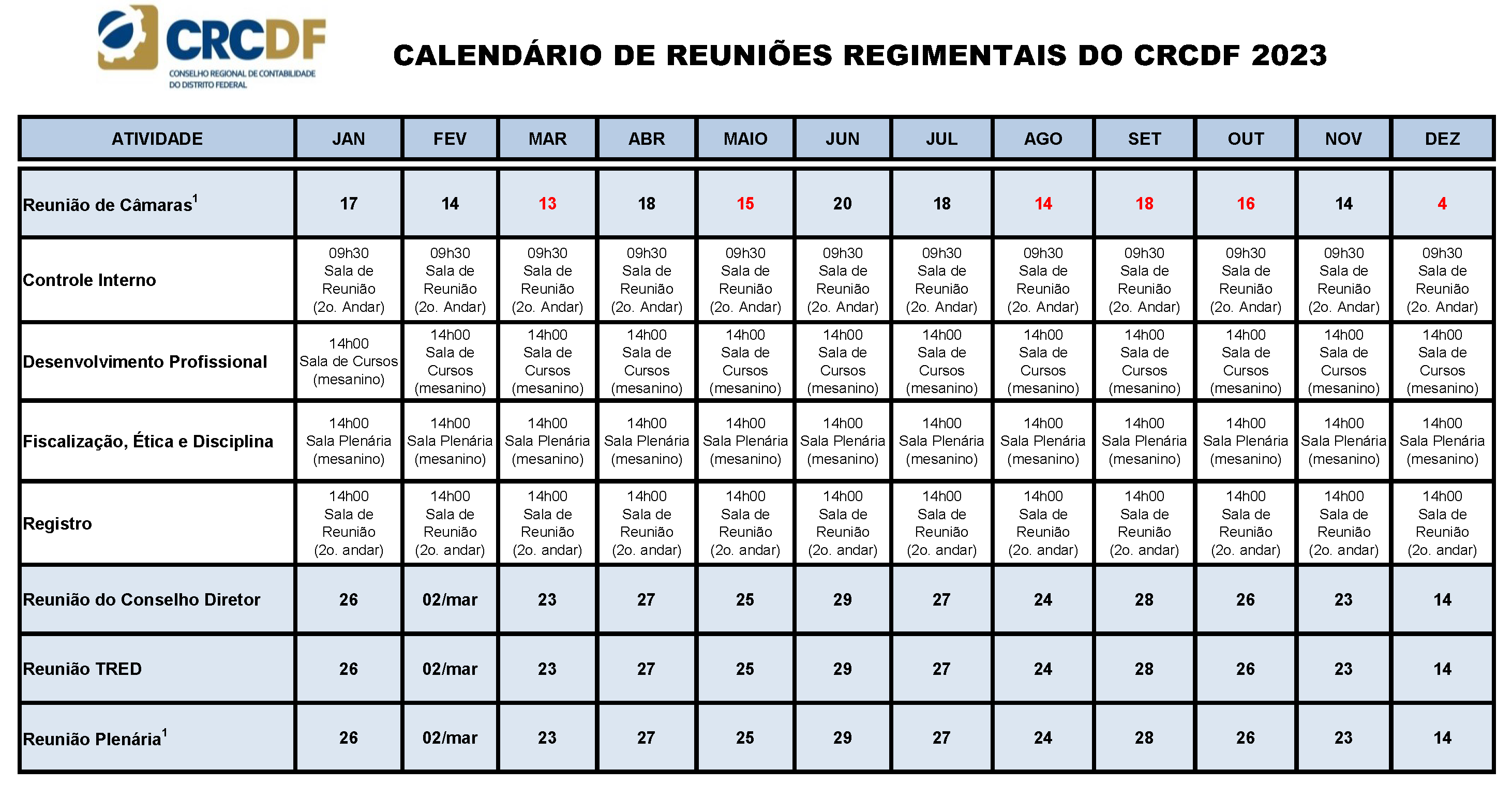 Calendário de Reuniões CRCDF - 2023